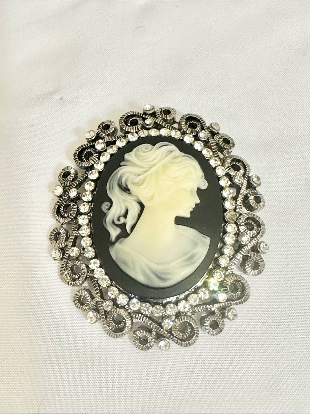 Vintage Style Black and Cream Cameo Brooch with Rhinestone Frame
